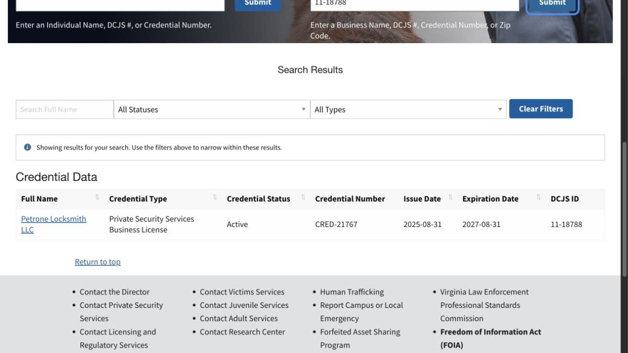 Official Virginia DCJS search result for Petrone Locksmith LLC showing an active business license
